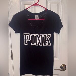 Sold PINK Victoria's Secret y2k Heathered Black V-neck tee with bold PINK Logo